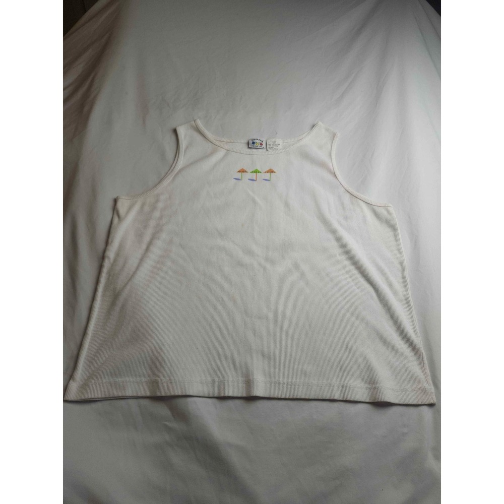 Vintage Weekend Clothes Line White Ribbed Tank Top Beach Umbrella Embroidered 1X - Picture 3 of 8